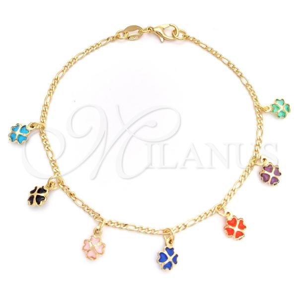 Oro Laminado Charm Bracelet, Gold Filled Style Four-leaf Clover and Heart Design, with Orange Red and Green Cubic Zirconia, Polished, Golden Finish, 03.32.0254.07