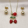 Oro Laminado Earring and Pendant Adult Set, Gold Filled Style Strawberry and Ball Design, with Garnet Pearl, Red Enamel Finish, Golden Finish, 10.417.0024