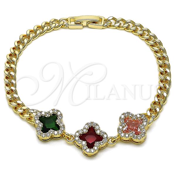 Oro Laminado Fancy Bracelet, Gold Filled Style Four-leaf Clover and Miami Cuban Design, with Multicolor Cubic Zirconia and White Micro Pave, Polished, Golden Finish, 03.283.0434.4.07