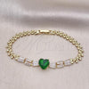 Oro Laminado Fancy Bracelet, Gold Filled Style Heart and Baguette Design, with Green and White Cubic Zirconia, Polished, Golden Finish, 03.283.0304.2.07