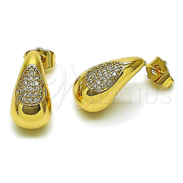 Oro Laminado Stud Earring, Gold Filled Style Teardrop Design, with White Micro Pave, Polished, Golden Finish, 02.283.0201