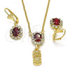 Oro Laminado Earring and Pendant Adult Set, Gold Filled Style Owl Design, with Garnet and White Crystal, Polished, Golden Finish, 10.122.0009