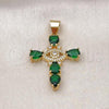 Oro Laminado Religious Pendant, Gold Filled Style Cross and Evil Eye Design, with Green and White Cubic Zirconia, Polished, Golden Finish, 05.342.0224