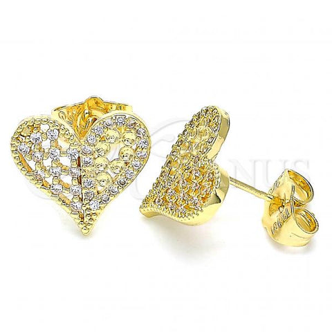 Oro Laminado Stud Earring, Gold Filled Style Heart Design, with White Micro Pave, Polished, Golden Finish, 02.156.0492