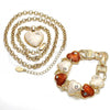 Oro Laminado Necklace and Bracelet, Gold Filled Style Rolo and Heart Design, with White Crystal, White Enamel Finish, Golden Finish, 06.63.0181.1