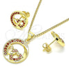 Oro Laminado Earring and Pendant Adult Set, Gold Filled Style Heart Design, with Garnet Micro Pave, Polished, Golden Finish, 10.156.0269.2