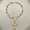 Oro Laminado Bracelet Rosary, Gold Filled Style Caridad del Cobre and Crucifix Design, with Multicolor Azavache, Polished, Golden Finish, 09.63.0111.08