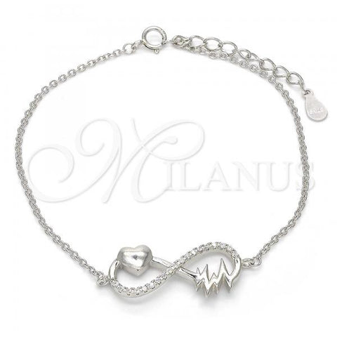 Sterling Silver Fancy Bracelet, Infinite and Heart Design, with White Crystal, Polished, Rhodium Finish, 03.336.0014.07
