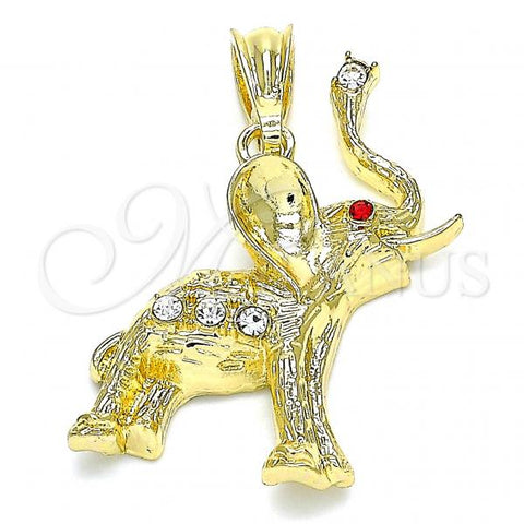 Oro Laminado Fancy Pendant, Gold Filled Style Elephant Design, with White and Garnet Crystal, Polished, Golden Finish, 05.351.0101