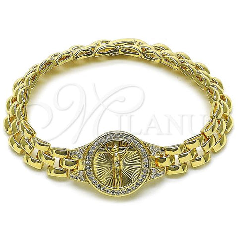 Oro Laminado Fancy Bracelet, Gold Filled Style Jesus and Crucifix Design, with White Cubic Zirconia, Diamond Cutting Finish, Golden Finish, 03.97.0002.08