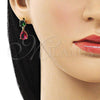 Oro Laminado Dangle Earring, Gold Filled Style Teardrop Design, with Ruby and Green Cubic Zirconia, Polished, Golden Finish, 02.283.0084