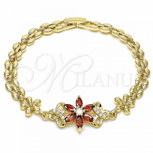 Oro Laminado Fancy Bracelet, Gold Filled Style Flower Design, with Garnet and White Cubic Zirconia, Polished, Golden Finish, 03.357.0010.2.07