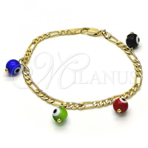 Oro Laminado Charm Bracelet, Gold Filled Style Evil Eye Design, Multicolor Polished, Golden Finish, 03.63.2070.2.08