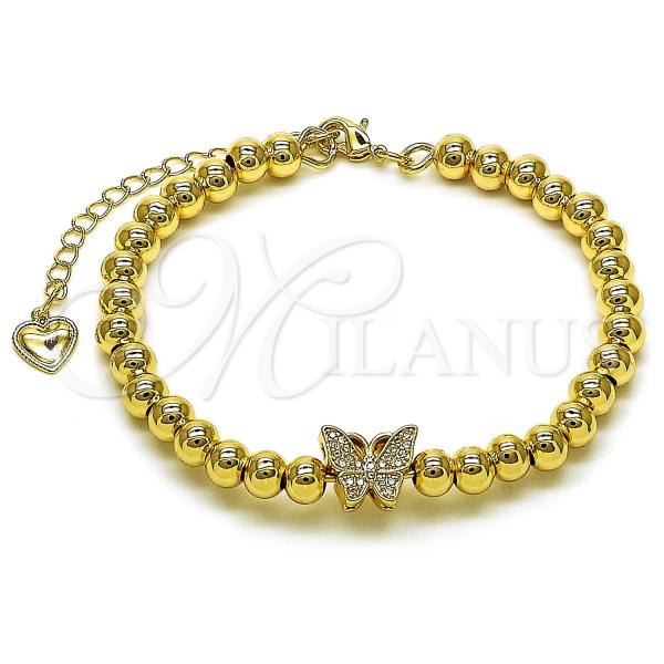Oro Laminado Individual Bangle, Gold Filled Style Butterfly and Ball Design, with White Micro Pave, Polished, Golden Finish, 07.170.0048.04