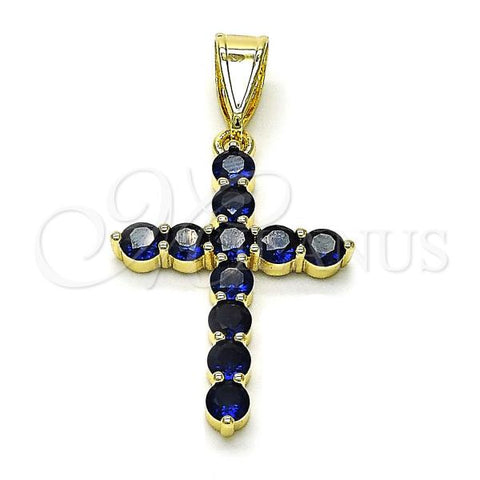 Oro Laminado Religious Pendant, Gold Filled Style Cross Design, with Sapphire Blue Cubic Zirconia, Polished, Golden Finish, 05.253.0183.1