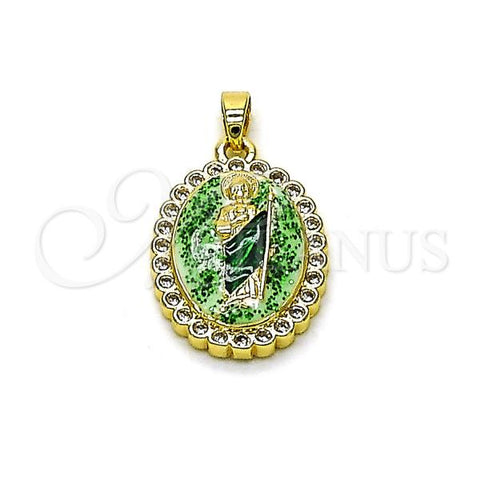 Oro Laminado Religious Pendant, Gold Filled Style San Judas Design, with White Cubic Zirconia, Green Enamel Finish, Two Tone, 05.284.0018.3