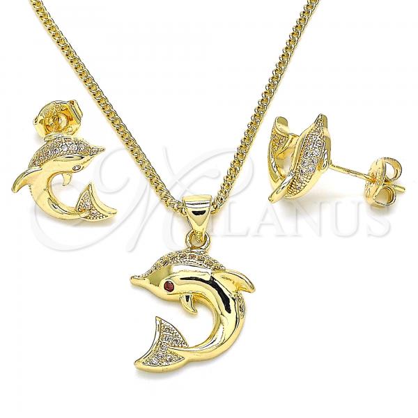 Oro Laminado Earring and Pendant Adult Set, Gold Filled Style Dolphin Design, with White and Garnet Micro Pave, Polished, Golden Finish, 10.156.0241