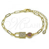 Oro Laminado Fancy Bracelet, Gold Filled Style Lock and Paperclip Design, with Ruby and White Micro Pave, Polished, Golden Finish, 03.362.0024.07