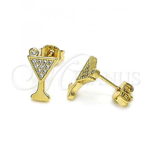 Oro Laminado Stud Earring, Gold Filled Style Drink Glass Design, with White Micro Pave, Polished, Golden Finish, 02.102.0065