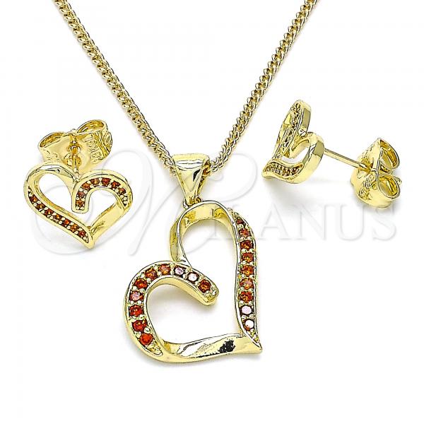 Oro Laminado Earring and Pendant Adult Set, Gold Filled Style Heart Design, with Garnet Micro Pave, Polished, Golden Finish, 10.156.0409.1