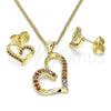 Oro Laminado Earring and Pendant Adult Set, Gold Filled Style Heart Design, with Garnet Micro Pave, Polished, Golden Finish, 10.156.0409.1