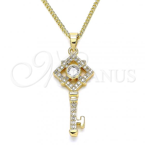 Oro Laminado Pendant Necklace, Gold Filled Style key Design, with White Micro Pave, Polished, Golden Finish, 04.344.0011.20