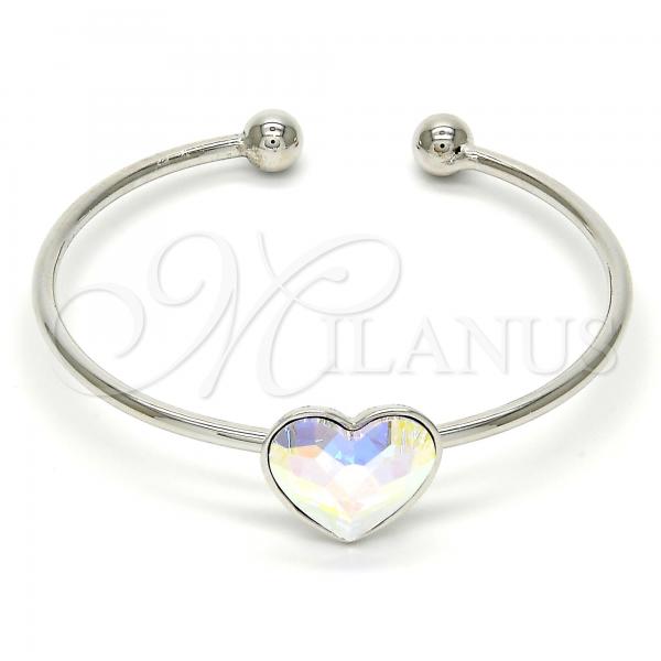Rhodium Plated Individual Bangle, Heart Design, with Aurore Boreale Swarovski Crystals, Polished, Rhodium Finish, 07.239.0013.9 (02 MM Thickness, One size fits all)