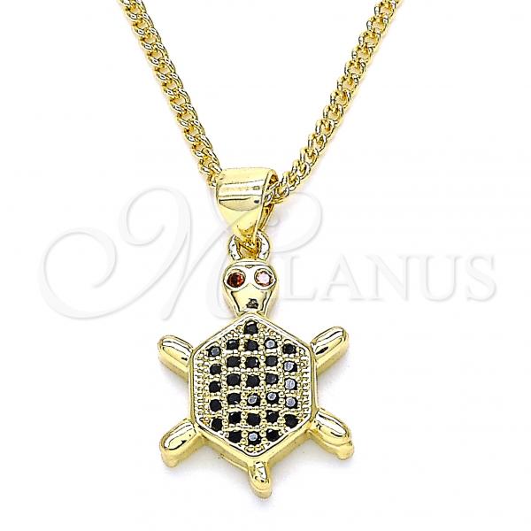Oro Laminado Pendant Necklace, Gold Filled Style Turtle Design, with Black and Garnet Micro Pave, Polished, Golden Finish, 04.156.0298.2.20