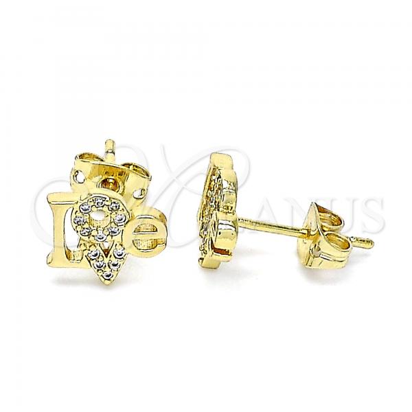 Oro Laminado Stud Earring, Gold Filled Style Love Design, with White Micro Pave, Polished, Golden Finish, 02.342.0175