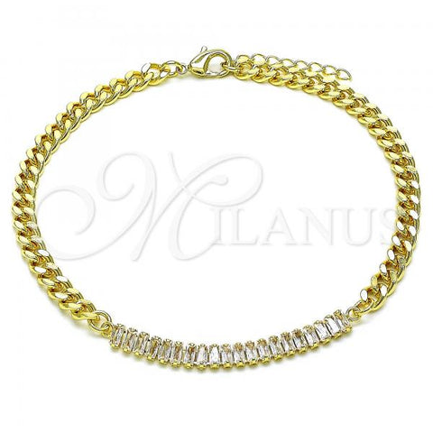 Oro Laminado Fancy Anklet, Gold Filled Style Miami Cuban and Baguette Design, with White Cubic Zirconia, Polished, Golden Finish, 03.130.0010.10