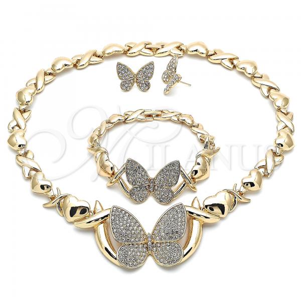 Oro Laminado Necklace, Bracelet and Earring, Gold Filled Style Hugs and Kisses and Butterfly Design, with White Crystal, Polished, Golden Finish, 06.372.0033
