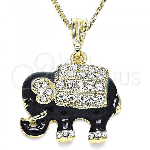 Oro Laminado Pendant Necklace, Gold Filled Style Elephant Design, with White and Black Crystal, Black Enamel Finish, Golden Finish, 04.380.0026.4.20