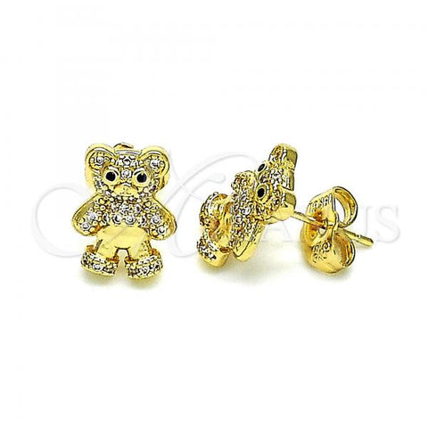 Oro Laminado Stud Earring, Gold Filled Style Teddy Bear Design, with White Micro Pave, Polished, Golden Finish, 02.156.0645