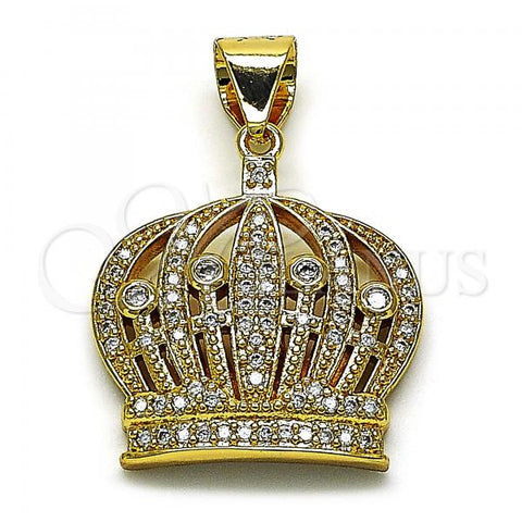 Oro Laminado Fancy Pendant, Gold Filled Style Crown Design, with White Micro Pave and White Cubic Zirconia, Polished, Golden Finish, 05.342.0131