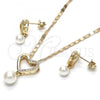 Oro Laminado Earring and Pendant Adult Set, Gold Filled Style Heart and Ball Design, with Ivory Pearl and White Cubic Zirconia, Polished, Golden Finish, 10.156.0086