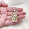 Oro Laminado Religious Pendant, Gold Filled Style Guadalupe Design, with White Cubic Zirconia, Polished, Golden Finish, 05.411.0071