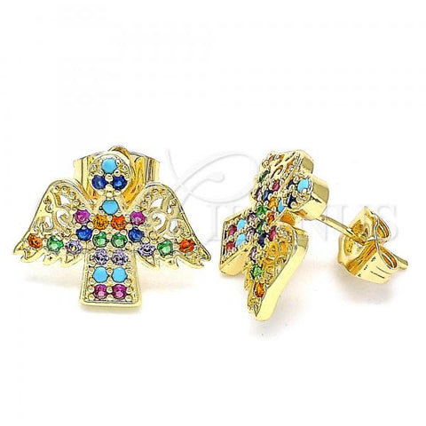 Oro Laminado Stud Earring, Gold Filled Style Angel Design, with Multicolor Micro Pave, Polished, Golden Finish, 02.210.0418.1