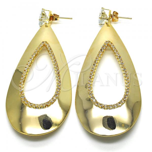 Oro Laminado Long Earring, Gold Filled Style Teardrop Design, with White Cubic Zirconia, Polished, Golden Finish, 02.268.0077