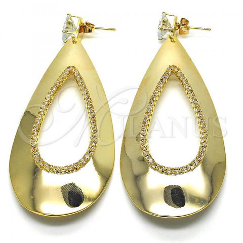 Oro Laminado Long Earring, Gold Filled Style Teardrop Design, with White Cubic Zirconia, Polished, Golden Finish, 02.268.0077