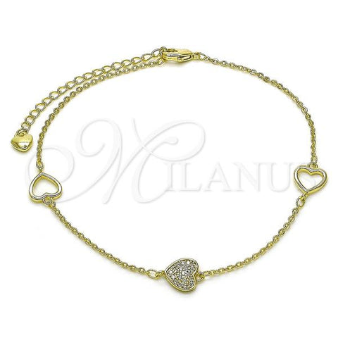Oro Laminado Fancy Anklet, Gold Filled Style Heart and Rolo Design, with White Micro Pave, Polished, Golden Finish, 03.213.0289.10