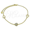 Oro Laminado Fancy Anklet, Gold Filled Style Heart and Rolo Design, with White Micro Pave, Polished, Golden Finish, 03.213.0289.10