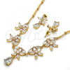 Oro Laminado Necklace and Earring, Gold Filled Style Flower and Teardrop Design, with White Cubic Zirconia, Polished, Golden Finish, 06.205.0003