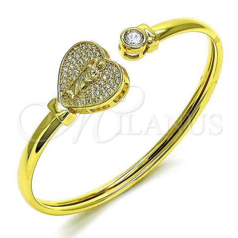Oro Laminado Individual Bangle, Gold Filled Style Heart and San Judas Design, with White Micro Pave and White Cubic Zirconia, Polished, Golden Finish, 07.368.0008