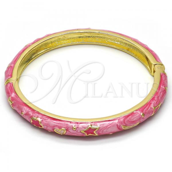 Oro Laminado Individual Bangle, Gold Filled Style Star and Moon Design, Pink Enamel Finish, Golden Finish, 07.246.0005.3.05 (07 MM Thickness, Size 5 - 2.50 Diameter)