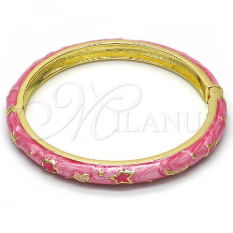 Oro Laminado Individual Bangle, Gold Filled Style Star and Moon Design, Pink Enamel Finish, Golden Finish, 07.246.0005.3.05 (07 MM Thickness, Size 5 - 2.50 Diameter)