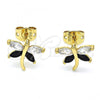 Oro Laminado Stud Earring, Gold Filled Style Dragon-Fly Design, with Black and White Cubic Zirconia, Polished, Golden Finish, 02.213.0070.2