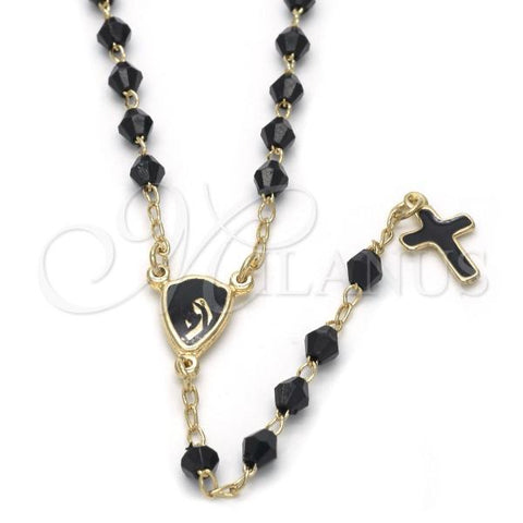 Oro Laminado Thin Rosary, Gold Filled Style Virgen Maria and Cross Design, with Black Azavache, Black Enamel Finish, Golden Finish, 09.02.0038.18