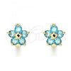 Oro Laminado Huggie Hoop, Gold Filled Style Flower and Star Design, with Blue Topaz Cubic Zirconia, Polished, Golden Finish, 02.210.0611.1.12