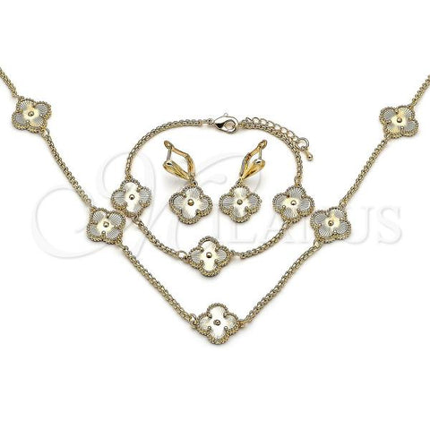 Oro Laminado Necklace, Bracelet, Earring and Ring, Gold Filled Style Four-leaf Clover and Rolo Design, Diamond Cutting Finish, Golden Finish, 06.372.0094