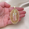 Oro Laminado Religious Pendant, Gold Filled Style Guadalupe Design, Diamond Cutting Finish, Tricolor, 05.411.0009.2